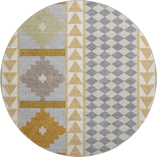 Mayfield Premium Machine Washable Abstract AMF2522 Gold 8 ft. x 8 ft. Round Rug