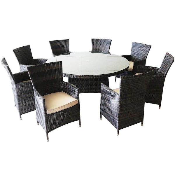 PATIOPTION 9-Piece Wicker Outdoor Dining Set Aluminum Frame with Beige Cushions and Round Dining Table