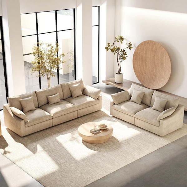 Modular Linen Fabric Down Filled Cloud Living Room Set 2 Seater and 3 Seater Sectional Sofa with Washable Cover in Khaki