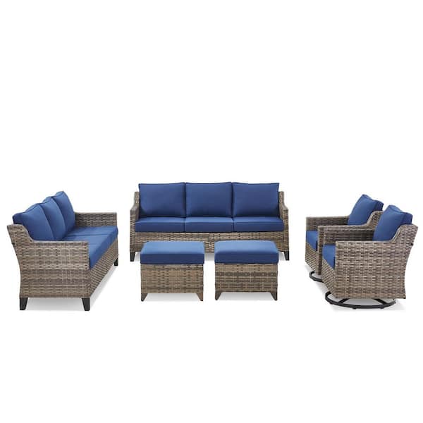 Buenaola 6-Piece Wicker Patio Conversation Set with Swivel Rocker Chairs, Outdoor Furniture Sofa Couch with Blue Cushions