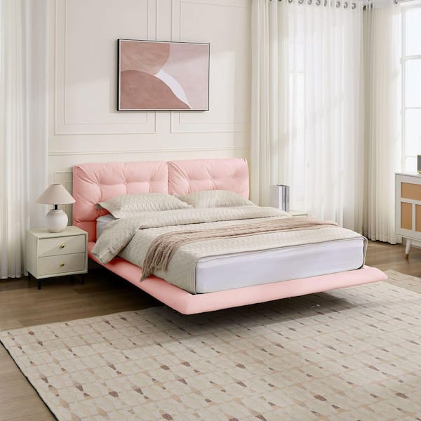 Hixon Pink Pu Leather Upholstered Wood Frame Queen Size Floating Platform Bed with Button-Tufted Headboard, LED Lights