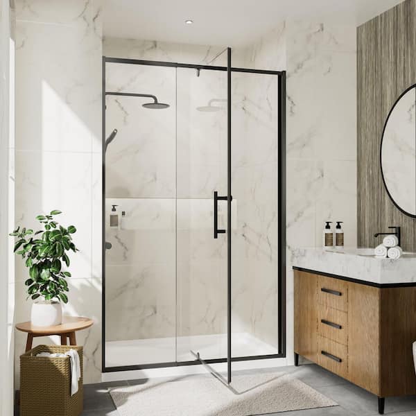 38 - 42 in. W x 71 in. H Pivot Frame Shower Door in Matte Black Finish with SGCC Certified Clear Glass