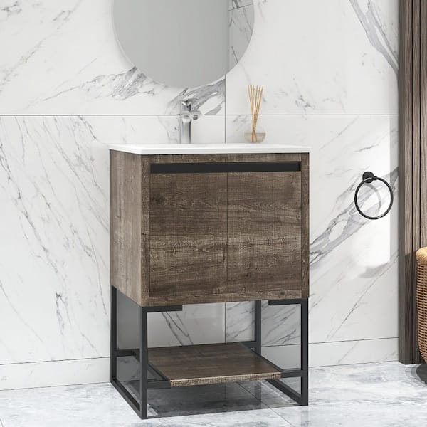 tunuo 24 in. W x 18.3 in D. x 35 in. H Bath Vanity in Brown with White Ceramic Top with White Sink