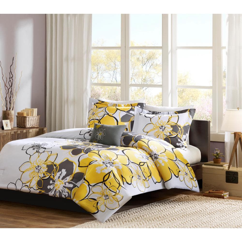 Full Yellow Microfiber Reversible Floral Comforter Set