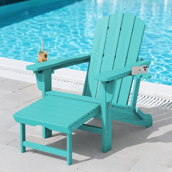 JEAREY 3-Level Adjustable Patio Folding Plastic Adirondack Chair with Retractable Ottoman, Cup and Phone Holders in Cyan