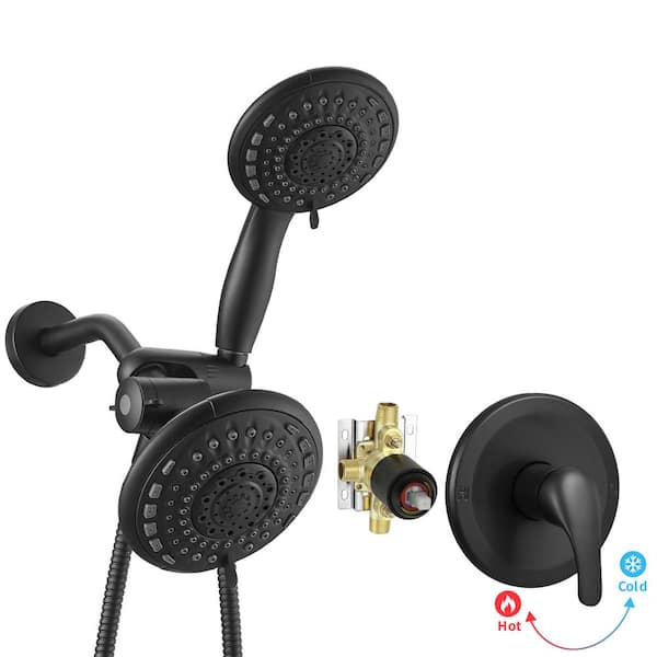 Single-Handle 6-Spray Dual Shower Faucet Set Trim Kit 1.8 GPM with Valve and Filtered Handheld Shower Head in. Black