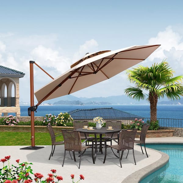 PURPLE LEAF 12 ft. Octagon High-Quality Wood Pattern Aluminum Cantilever Polyester Patio Umbrella with Base Plate, Beige