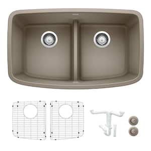 Valea 32 in. Undermount Double Bowl Truffle Granite Composite Kitchen Sink Kit with Accessories