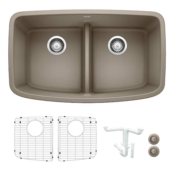 Blanco Valea 32 in. Undermount Double Bowl Truffle Granite Composite Kitchen Sink Kit with Accessories