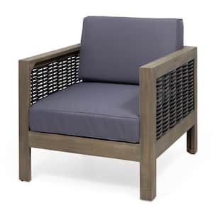 Randal Gray Acacia Wood and Mixed Gray Wicker Outdoor Lounge Chair with Dark Gray Cushions