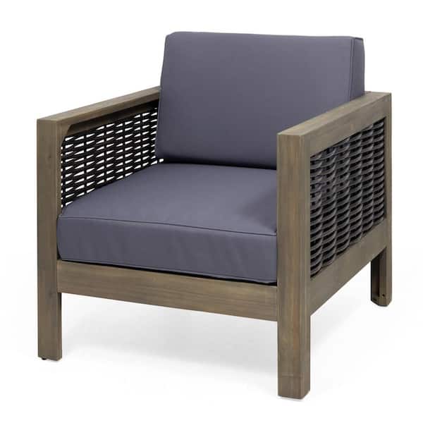 Noble House Randal Gray Acacia Wood and Mixed Gray Wicker Outdoor Patio Lounge Chair with Dark Gray Cushions