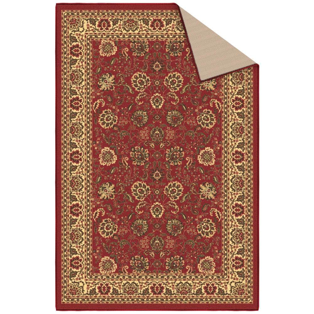Dark Red Traditional Floral Non-Slip Synthetic Area Rug