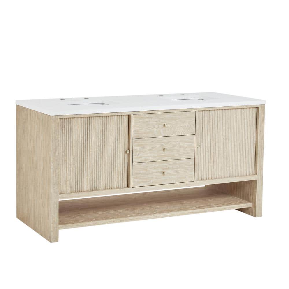 Sunwashed Oak 72" Double Freestanding Vanity with White Quartz Top