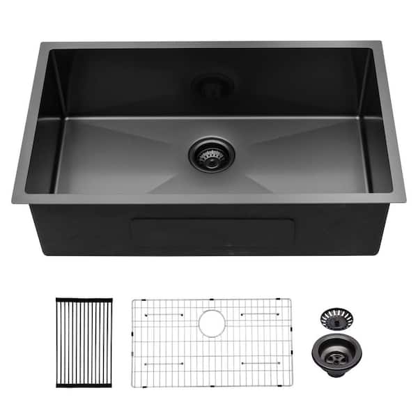 32 in. Undermount Single Bowl 16 Gauge Gunmetal Black Stainless Steel Kitchen Sink Basin with Drain, Bottom Grids