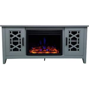 Arcadia Mid-Century 55.9 in.W Freestanding Electric Fireplace TV Stand in Slate Blue with Multi-Color Deep Log Insert