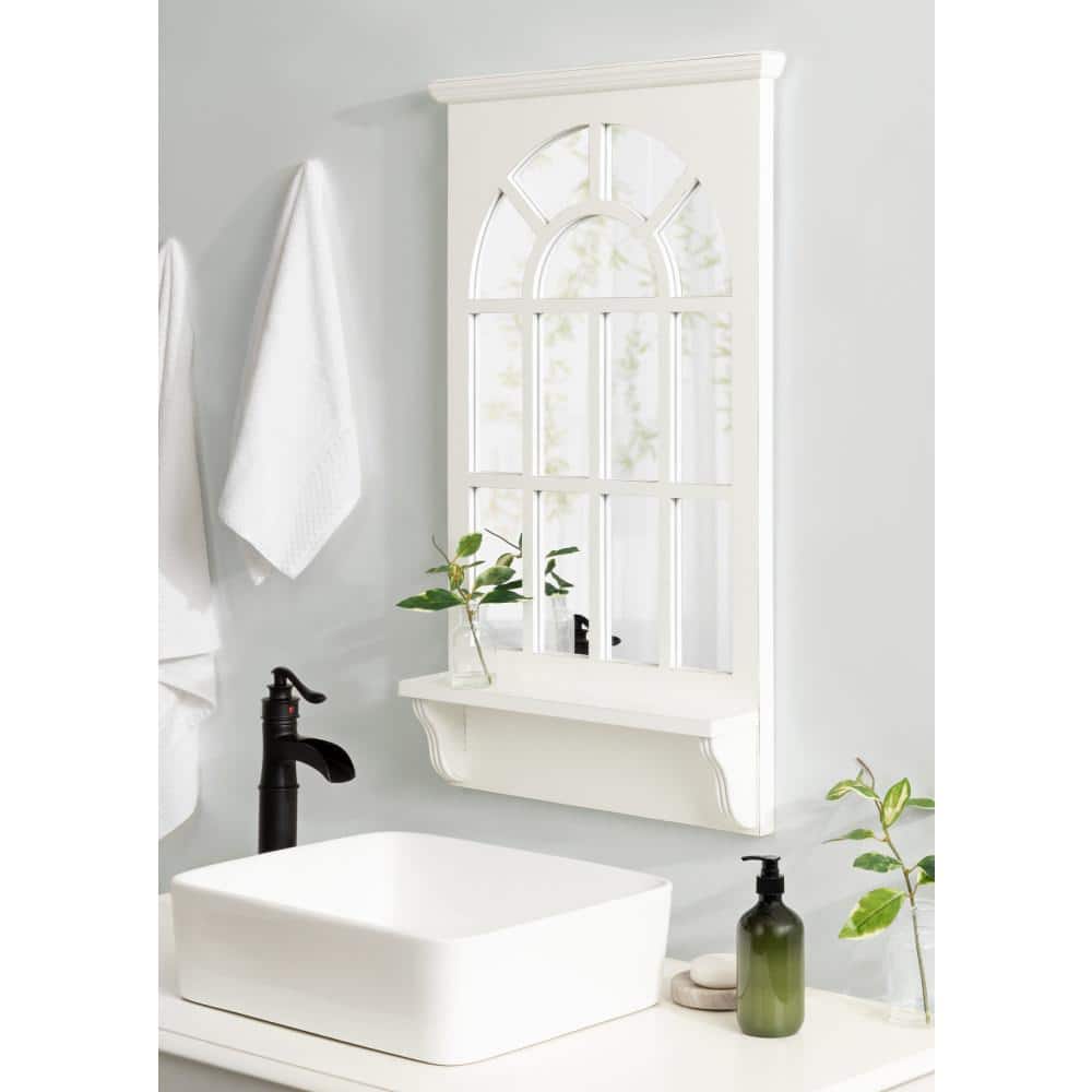 Coastal White Arched Wall Mirror with Vintage Shelf, 21x36