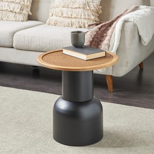 19 in. Black Handmade Pedestal Round Metal Coffee Table with Brown Rattan Tabletop