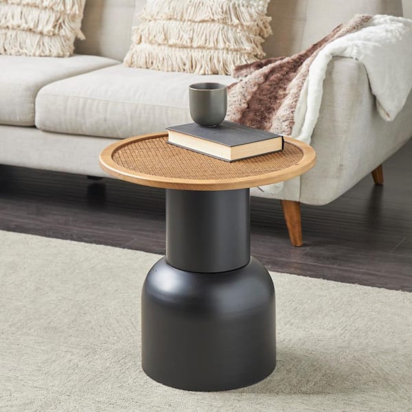 Litton Lane 19 in. Black Handmade Pedestal Round Metal Coffee Table with Brown Rattan Tabletop