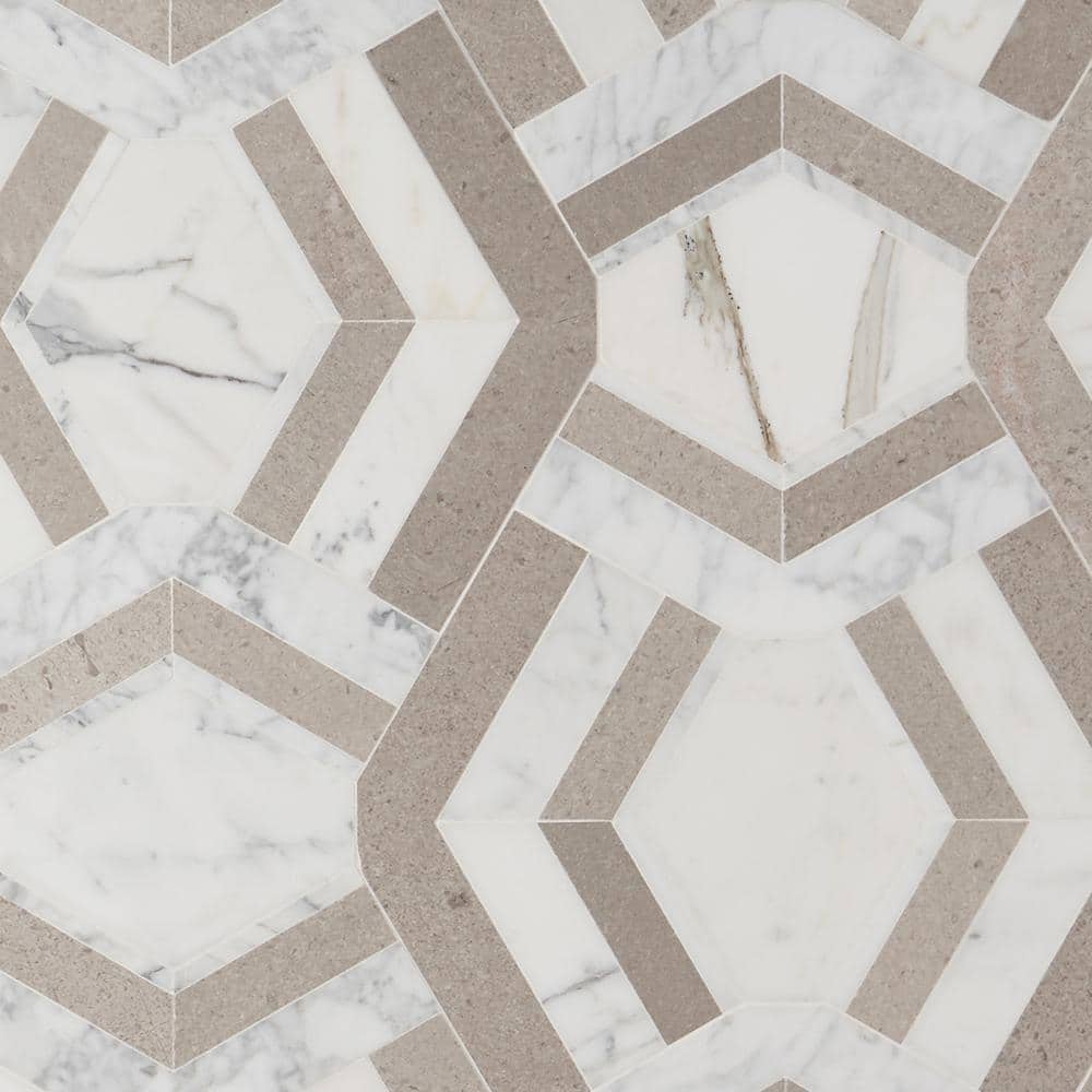 Cream and Gray Polished Marble Geometric Mosaic Tile