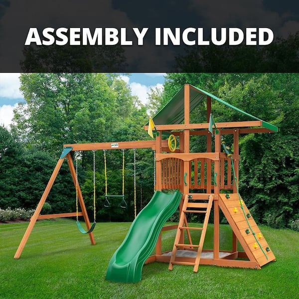 Gorilla Playsets Professionally AssembledOuting III Kids Outdoor Playground Set with Vinyl Roof, Slide, Rock Wall, Swing Set, Swing Set