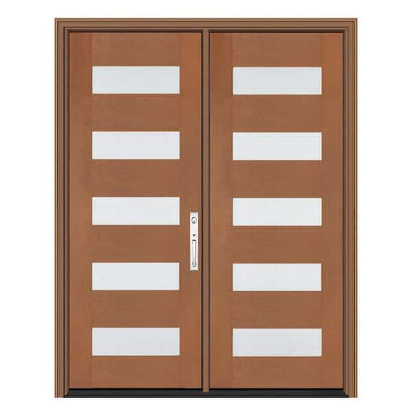 Regency 72 in. x 80 in. 5L Modern Frosted Glass LHIS AutmWheat Fiberglass Double Prehung Front Door w/8011 NKL Lockset
