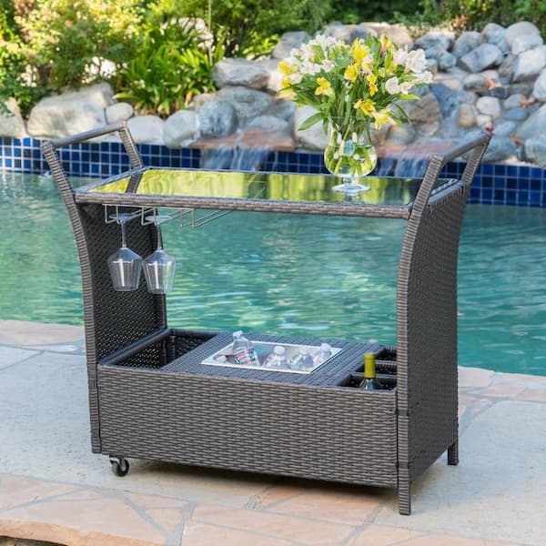 Noble House Bahama Faux Rattan Outdoor Serving Bar with Ice Bucket