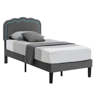 Upholstered Bed Gray Metal Frame Twin Platform Bed with Adjustable Charging Station Headboard and LED Lights Bed Frame