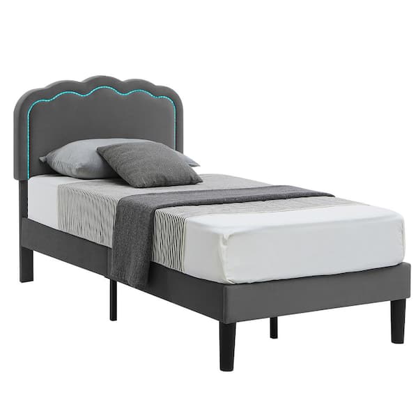 VECELO Upholstered Bed Gray Metal Frame Twin Platform Bed with Adjustable Charging Station Headboard and LED Lights Bed Frame