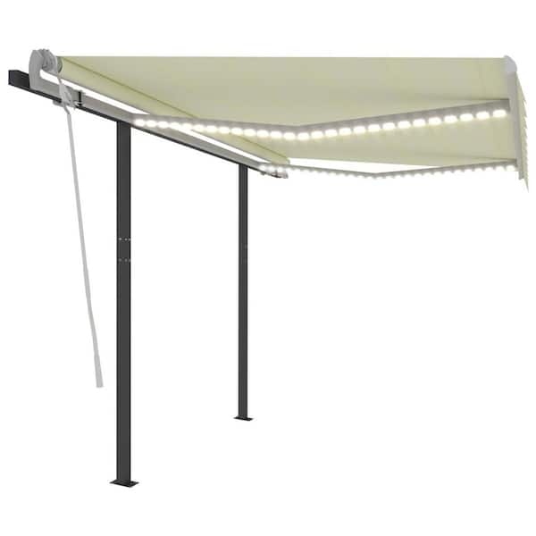 Unbranded 118.1 in. Manual Retractable Awning with Posts and LED (96 in. Projection) in Cream