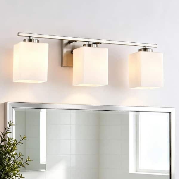 3-Light 22 in. Brushed Nickel Indoor Bathroom Vanity Lights with Etched White Glass Square Rectangle Shades