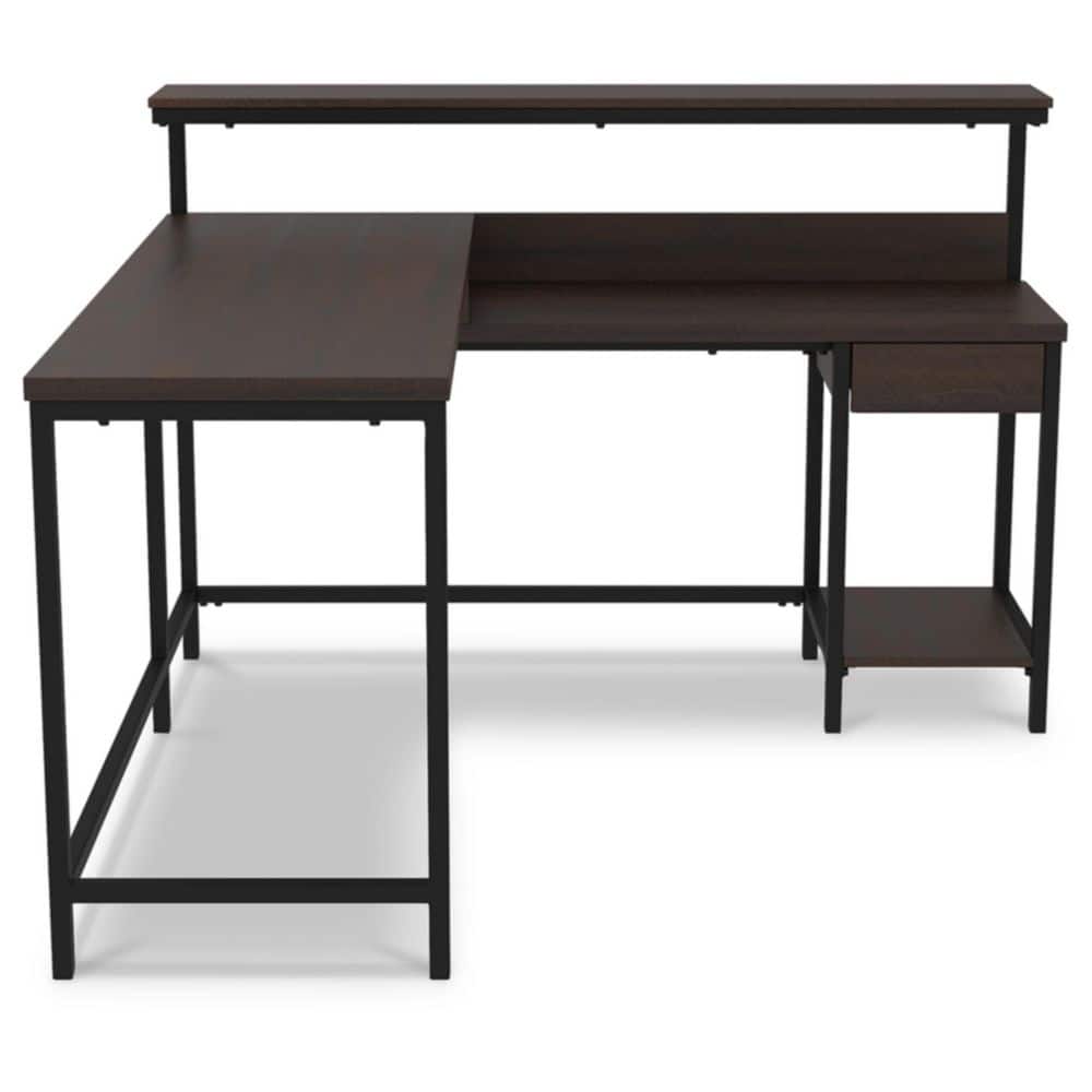 Warm Brown L-Shaped Wood Computer Desk with Hutch
