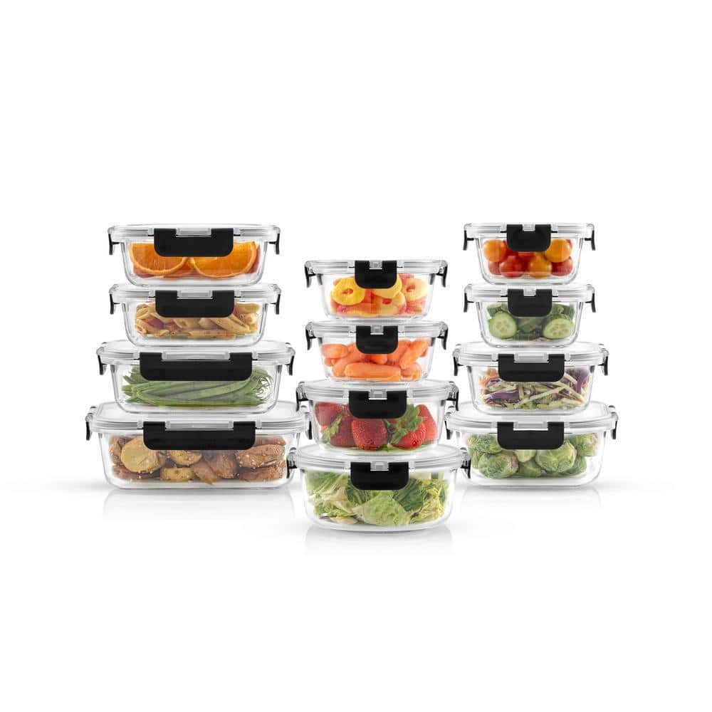 JoyJolt JoyFul 24-Piece Black Glass Storage Containers with Leakproof Lids Set JW10512