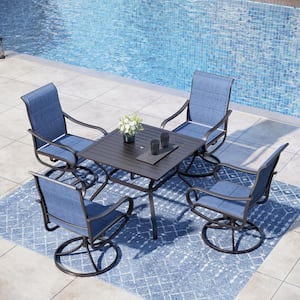 Black 5-Piece Metal Outdoor Patio Dining Set with Slat Square Table and Padded Blue Textilene Swivel Chairs