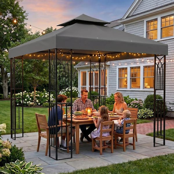 COOS BAY 8 ft. x 8 ft. Gray Outdoor Garden Gazebo with Built-in