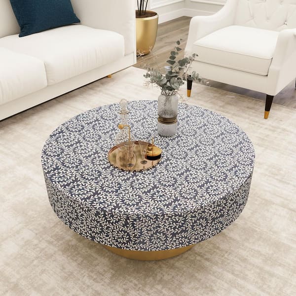 Beautifully Handcrafted Antique 32 in. Mother of Pearl Black Round MDF Top Metal Storage Coffee Table with 2 Drawers