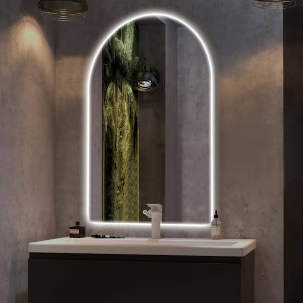 PexFix 30 in. W x 39 in. H Arched Frameless LED Dimmable Anti-Fog Bathroom Vanity Mirror in Silver