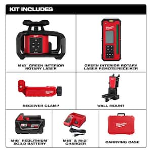 M18 1000 ft. Green Interior Rotary Laser Level Kit with Remote/Receiver, Wall Mount Bracket, and Receiver Clamp
