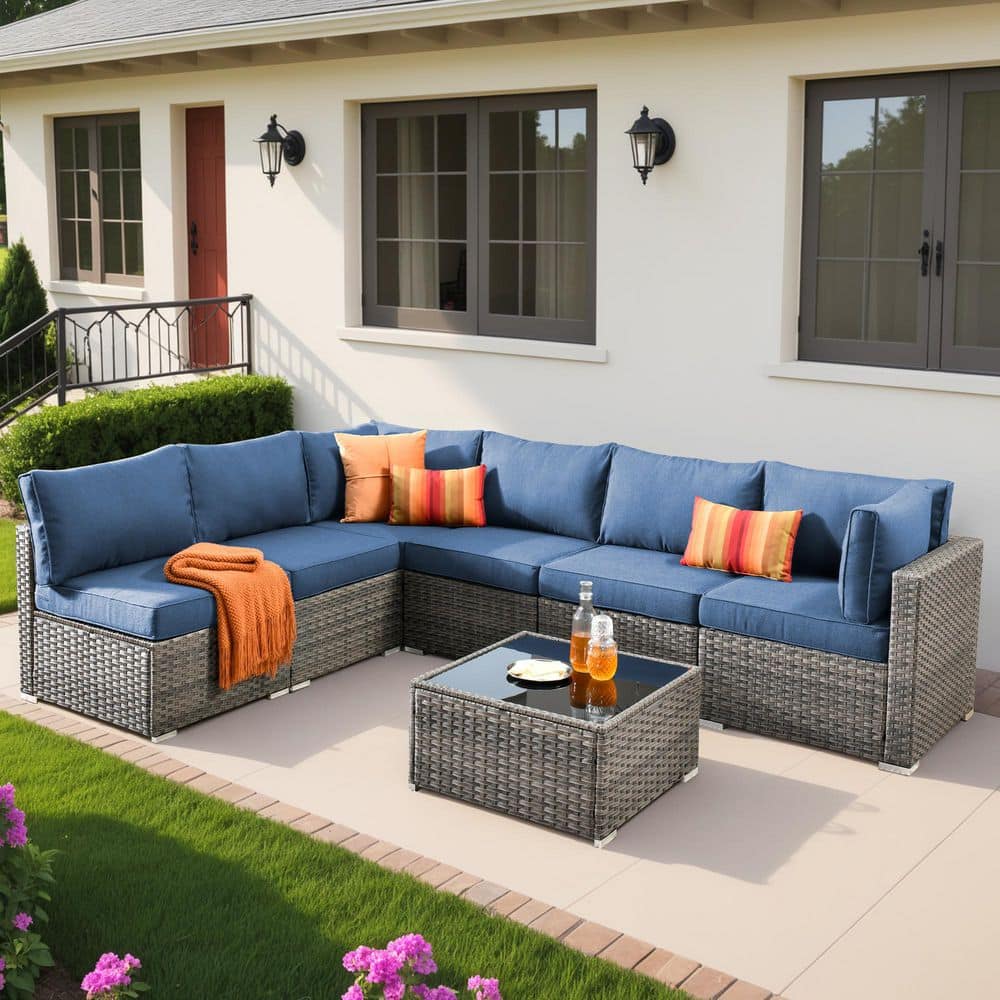 XIZZI Gemini 7-Piece Wicker Outdoor Sectional Set with Denim Blue