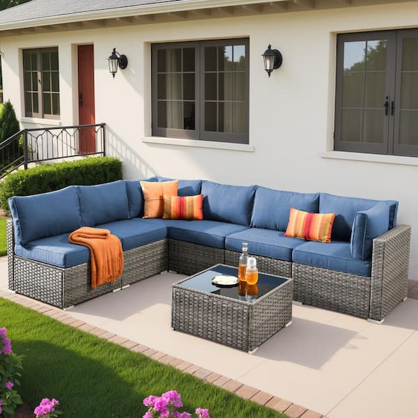 Gemini 7-Piece Wicker Outdoor Sectional Set with Denim Blue Cushions