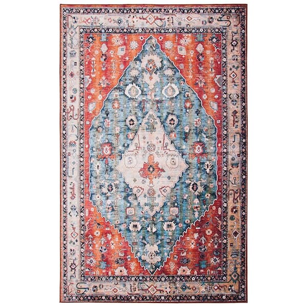 Tucson Beige/Blue 10 ft. x 14 ft. Machine Washable Floral Border Area Rug