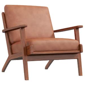 Kalley Cognac Tan Mid-Century Pillow Back Genuine Leather Upholstered Lounge Chair