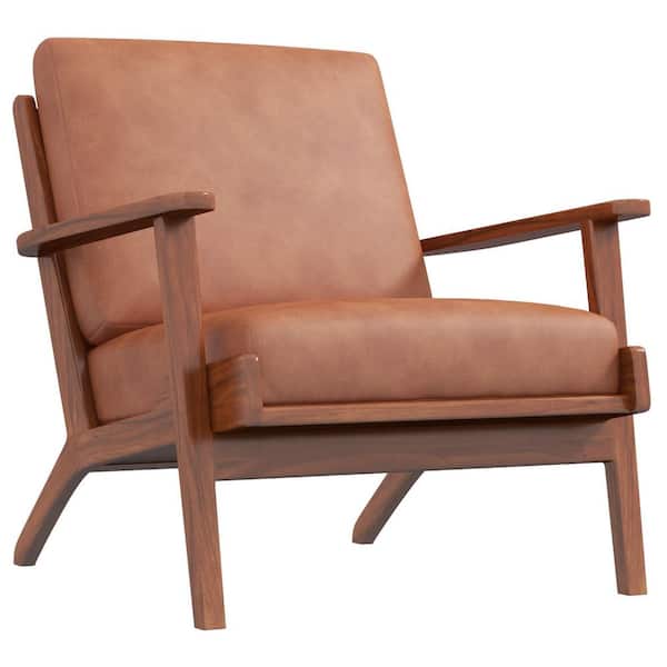 Ashcroft Furniture Co Kalley Cognac Tan Mid-Century Pillow Back Genuine Leather Upholstered Lounge Chair