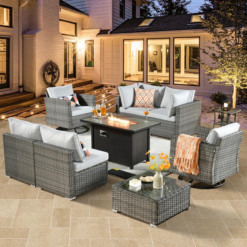 Daffodil H Gray 9-Piece Wicker Patio Fire Pit Conversation Sofa Set with Swivel Rocking Chairs and Light Gray Cushions price history on PriceWatchPro