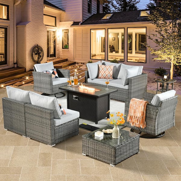 weaxty W Daffodil H Gray 9-Piece Wicker Patio Fire Pit Conversation Sofa Set with Swivel Rocking Chairs and Light Gray Cushions