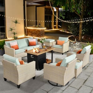 Oconee 9-Piece Wicker Patio Conversation Sofa Set with Swivel Rocking Chairs, a Shelf Fire Pit and Light Green Cushions