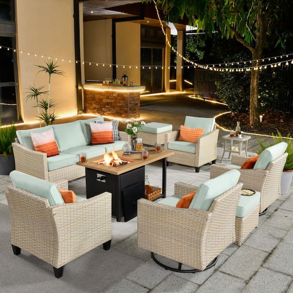 HOOOWOOO Oconee 9-Piece Wicker Patio Conversation Sofa Set with Swivel Rocking Chairs, a Shelf Fire Pit and Light Green Cushions