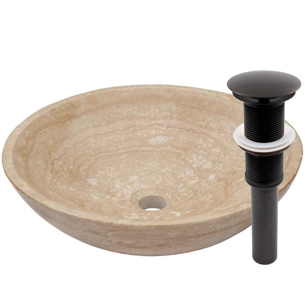 Novatto Stone Bathroom Sink in Beige Travertine Round Vessel Sink with Umbrella Drain in Oil Rubbed Bronze