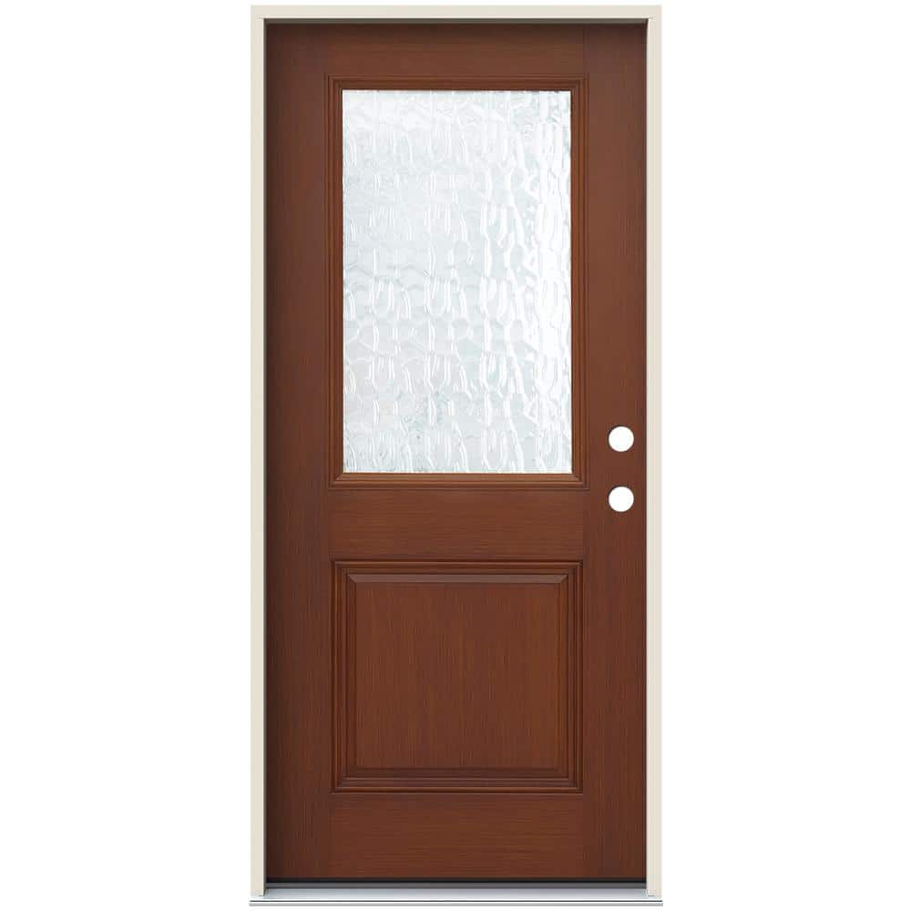 36 in. x 80 in. Left-Hand/Inswing 1/2 Lite Vapor Hammered Glass Mocha Stain Fiberglass Prehung Front Door w/Brickmould -  JELD-WEN, THDJW231800085