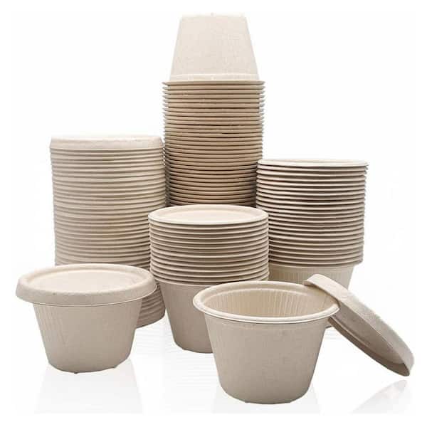 4 oz Compostable Bagasse Fiber Condiment Cups White Paper Food Storage with Lids 100-Pack Disposable Portion