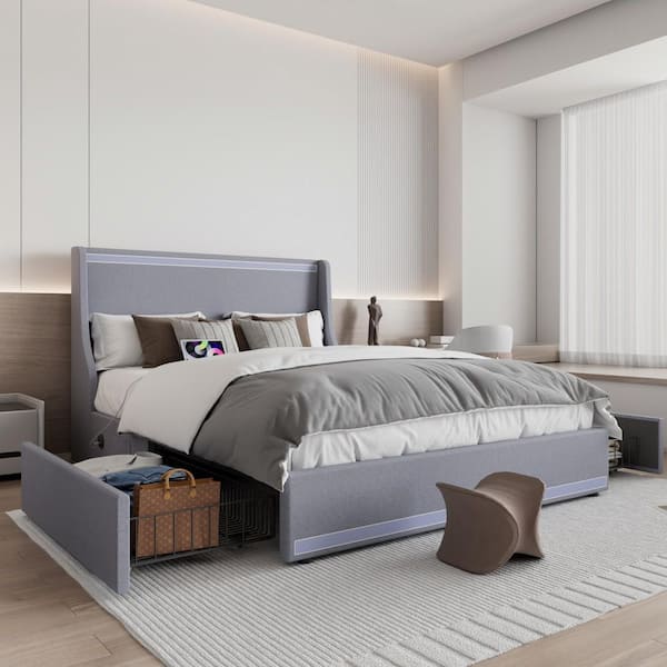 Bed Frame with RGB LED Lights Gray Metal Frame Full Platform Bed with Storage Drawers, USB Ports & Upholstered Headboard